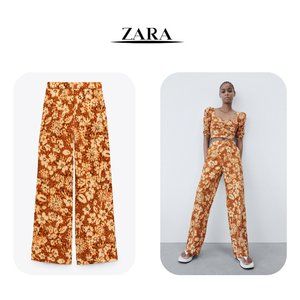 ZARA Women's SMALL Printed LINEN Blend Long PANTS TROPICAL Burnt Orange Wide Leg